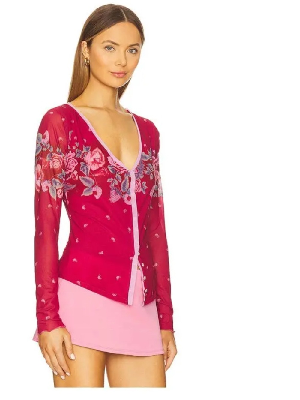NEW Free People x Revolve
Grown Cardi in Magenta..Sheer Floral Button NWT - Picture 3 of 4